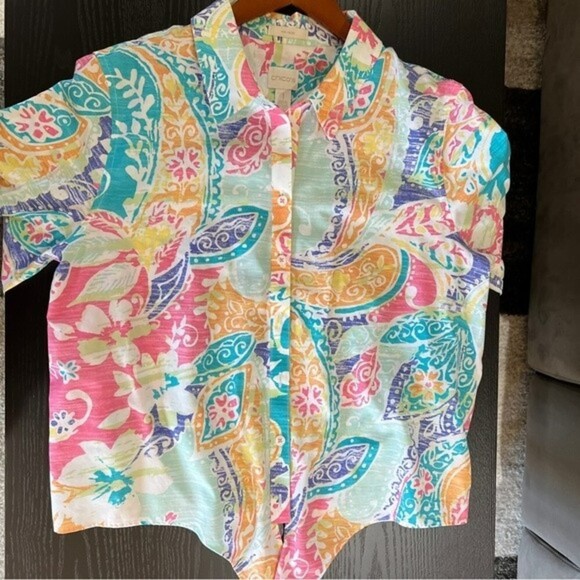 CHICO'S Top Floral Button Up Tie Front 3/4 Sleeve 100% Cotton - Picture 1 of 10